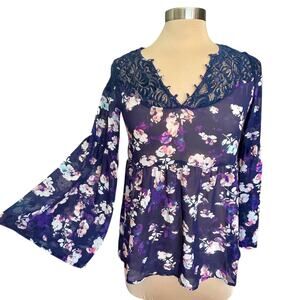 Y2K Decree Dark Floral Sheer Top‎ Lace Bell Sleeves SMALL Fairy Grunge Boho